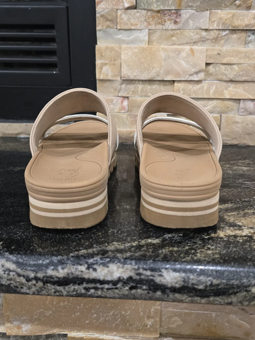 Reef Two-Band Slide Sandal in Beige and White